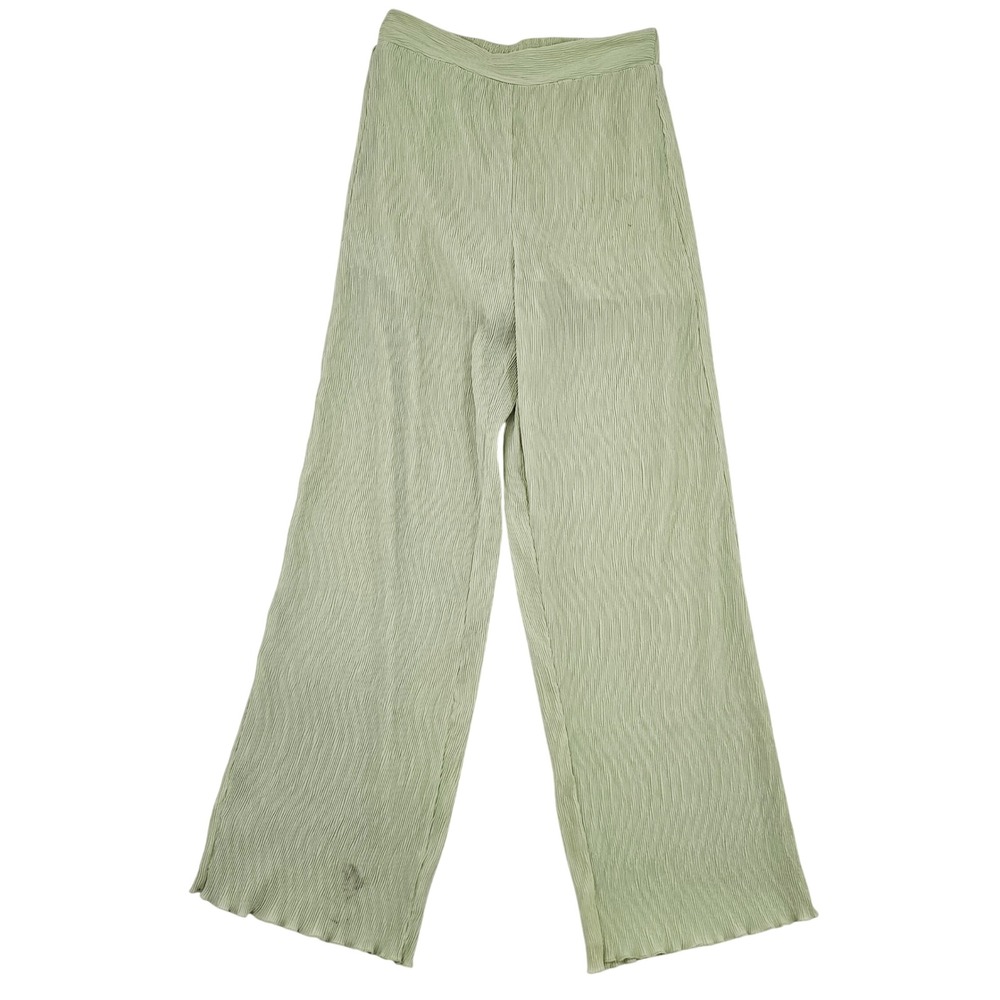 Forever 21 Womens Small Sage Green Plisse Wide‎ Leg Pants Elastic Waist Flowy